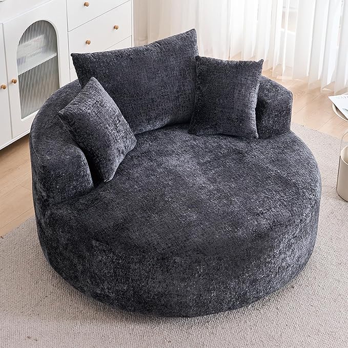 54.5 Black Oversized Swivel Barrel Chair - Chenille Comfy Modern Sofa Chair Fluffy Upholstered Round Accent Chair Cloud Lounge Armchair with 3 Pillows for Living Room Apartment