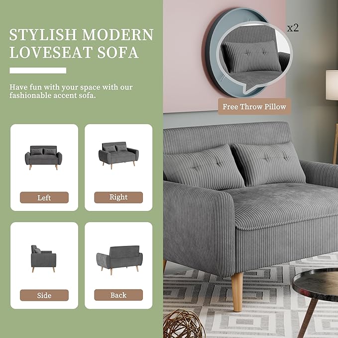 Vongrasig 48 Small Modern Loveseat Sofa Mid Century Soft Corduroy Fabric 2-Seat Sofa Couch Tufted Love Seat with Back Cushions and Tapered Legs for Living Room Bedroom and Small Space (Dark Gray)