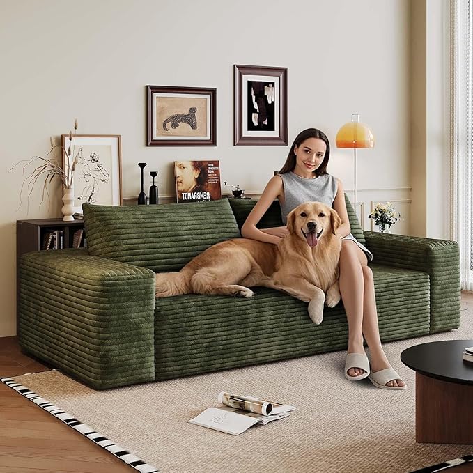 63 Cloud Loveseat Sofa Modern Corduroy Boneless Couch with Deep Seat Memory Foam Comfy 2 Seater Foam Floor Couches for Living Room Bedroom Apartment No Assembly Required Green