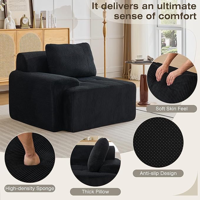 Modular Sectional Sofa Boneless Couches for Living Room Corduroy Couch Big Comfy Couch Modular Cloud Sofa with Deep Seat (Black 1 Piece-Left Armchair)