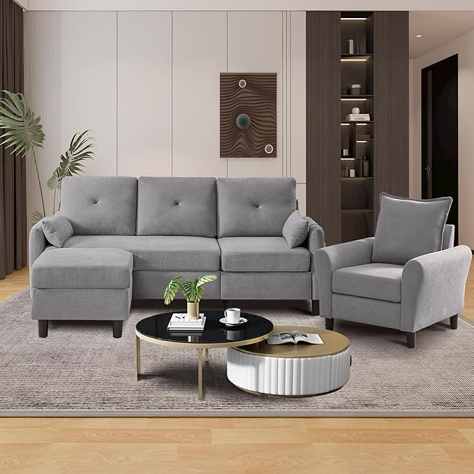 2 Piece Sectional Sofa Set Modern Convertible Sectional Sofa 3 Seat L Shaped Sofa and Chair with Storage Ottoman for Living Room ApartmentLight Grey