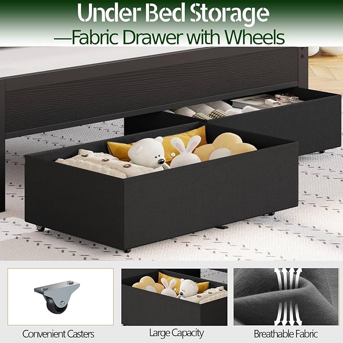 Furnulem Queen Bed Frame with Charging Station and LED Lights Grey Upholstered Headboard with Shelves Metal Platform Bed with 2 Under-Bed Storage (Fabric Drawer on Wheels) No Box Spring Needed