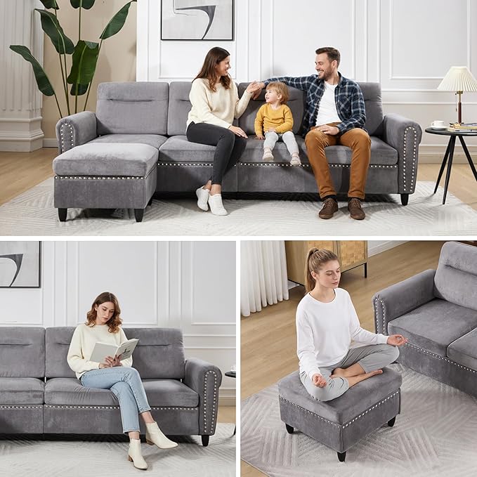 Westice 106 Modular Sectional Sofa with Movable Ottoman Deep-Seat L-Shaped Couch 4-Seater Modern Sofa for Living Room Bedroom or Apartment Gray