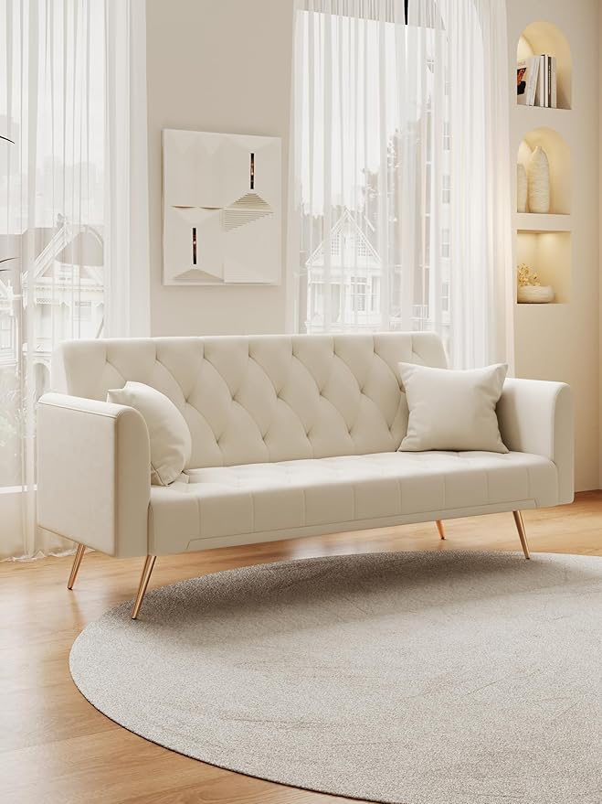 71 Convertible Velvet Futon Sofa Bed Loveseat with Multiple Adjustable BackrestsModern Sleeper Couch with Golden Metal Legs for Living RoomApartmentOfficeBeige