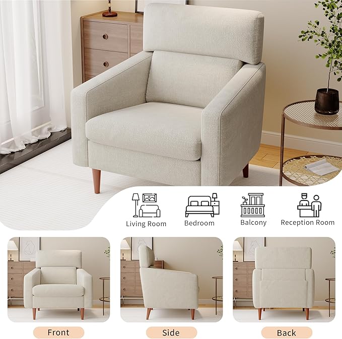 EJUNQ Mid-Century Accent ChairFabric Modern Reading Living Room Chairs Upholstered Armchair with Wood LegsCozy Reading Chair for Living RoomBedroom（Beige