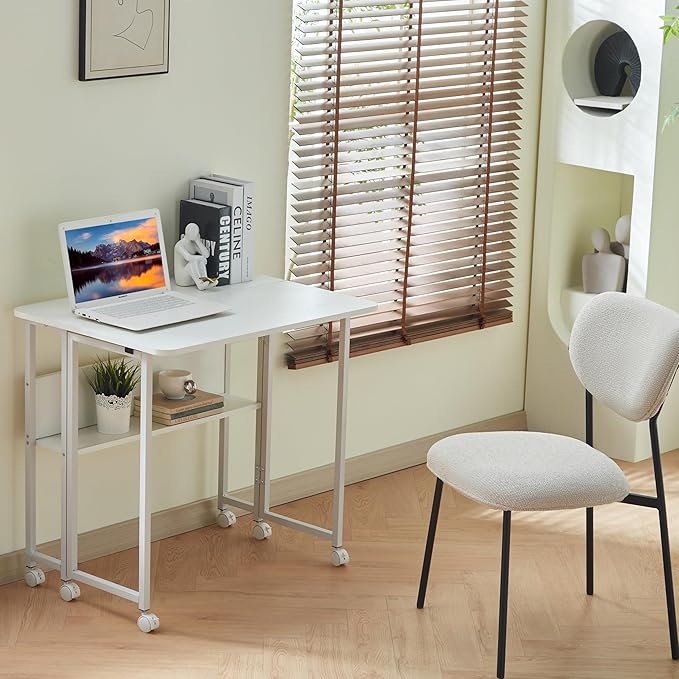 31.5 Inch Folding Computer Desk with Storage Shelf Small Foldable Computer Desks for Small Space Portable Writing Table for Home Office Bedroom Dorm Room Apartment Easy Assembly