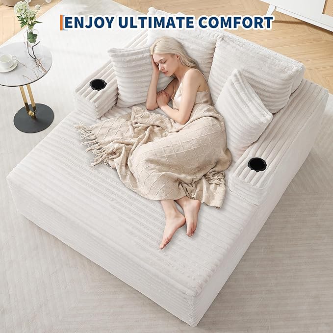 IDEALHOUSE 64 Oversized Chaise Lounge Chair Indoor Upholstered Boneless Sofa Bed with Throw Pillows Cup Holders and Armrests Comfy Corduroy Sleeper Couch for Living Room Bedroom Office (Beige)