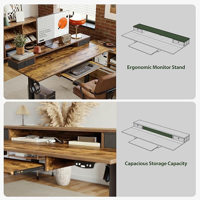 Agilestic Electric Standing Desk with 2 Drawers and Keyboard Tray 63 x 24 Inches Ergonomic Adjustable Height Desk with Storage Sit Stand up Computer Workstation Rustic Brown