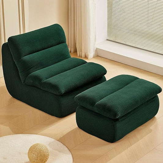 31” Oversized Lazy Sofa Chair and Ottoman Set Comfy Chaise Lounge Chair Indoor Reading Couch for Adults Suitable for Living Room Small Spaces Memory Foam Corduroy (Green)