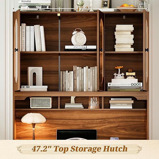 47'' Retro Home Office Desk with Charging Ports and Hutch Cabinet Wooden Executive Computer Desk with 5 Storage Drawers and Transparent Glass-Door Bookshelf for Home Office Bedroom (Walnut-04)