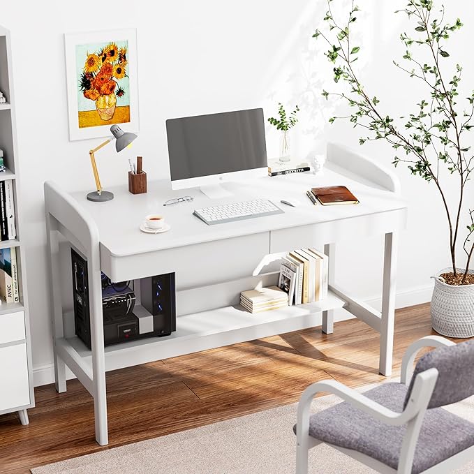 100% Solid Wood Desk with Drawers - 40 Inch Simple Modern Desks Writing Desk with Drawers &amp Shelf Work Study Table Adjustable Height Home Office Computer Desks - White
