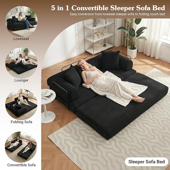 78.5'' Convertible Folding Sofa Bed 5-in-1 Modular Floor Couch Corduroy Small Cloud Couch Compressed Foldable Sleeper Sofa King Size Futon for Bedroom Guest Room (Black)