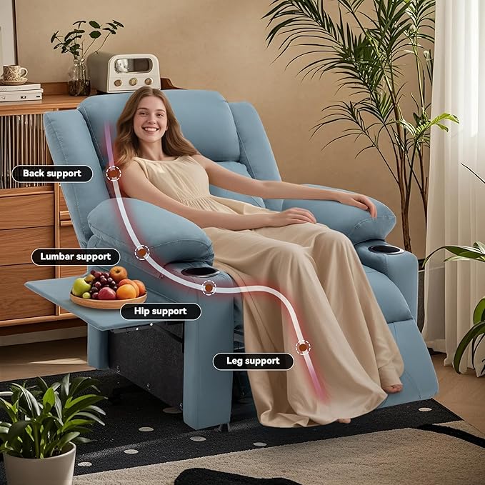 Aklaus Recliner Chair with Foldable Side Table Massage and Heat Reclining Chair Home Theater Seating Reclining Sofa with Side Pockets Cup Holders for Living Room BedroomBlue