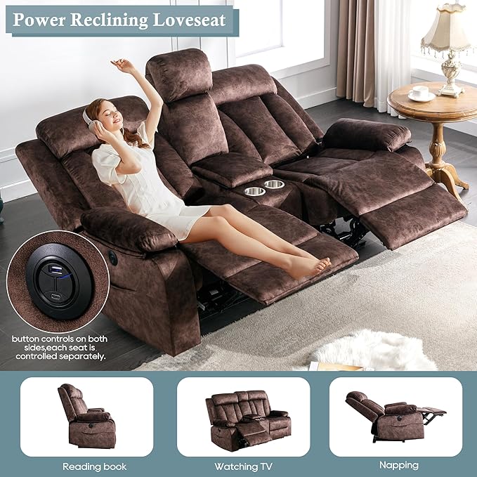 Reclining Loveseat-Power Reclining Loveseat with ConsoleDouble Recliner Loveseat with Heat and MassageElectric Loveseat Recliner with Cup HoldersUSB &amp Type-C Charge Ports for Living RoomRV