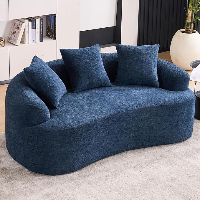 65” Blue Curved Couch&amp Loveseat Sofa with 3 Pillows Compression Couch with Round Armrest Suitable for Small Space Bedroom Living Room Memory Foam Chenille No Assembly (Blue)
