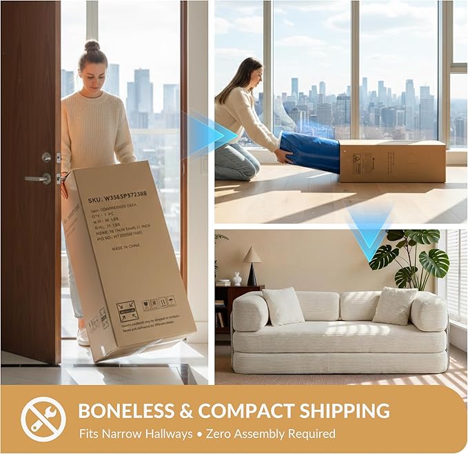 5-in-1 Convertible Sofa Bed Boneless Floor Couch Queen Size with Magic Pillow Blankets Zero-Assembly Sleeper Futon for Apartments Renters &amp Micro-Living Spaces Cream