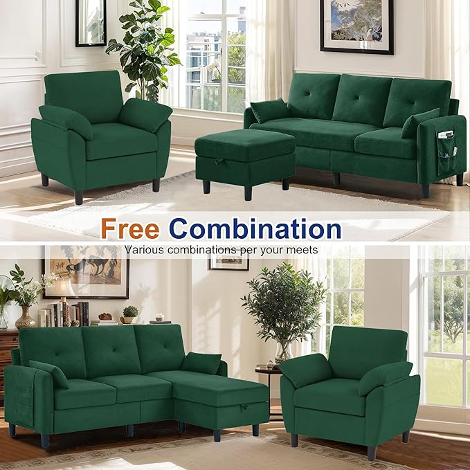 Sectional Sofa Set 77 Convertible Sofa and 35 Accent Chair Small 3 Seat L Shaped Couch with Storage Ottoman and Side Pockets Modern Couch for Living Room Office Apartment Green