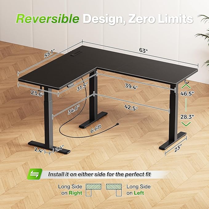 Huuger L Shaped Standing Desk with Power Outlets 63 x 55 Inch Height Adjustable Computer Desk for Bedroom Corner Stand up Desk for Home and Office Work and Study Black