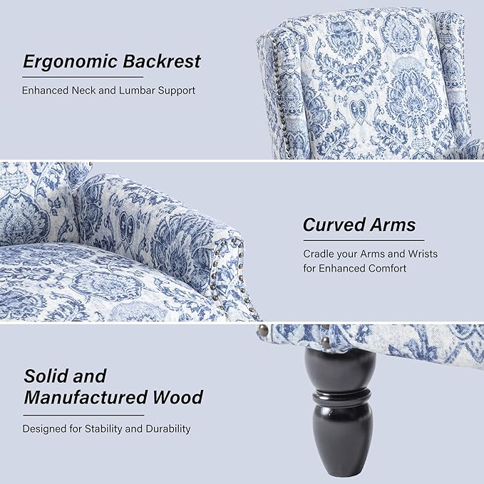 Recliner Chair Upholstered Wingback Floral Pushback Armchair with Adjustable Backrest &amp Footrest Comfy Accent Chair Reading Single Sofa for Small Spaces Living Room Bedroom (Navy Blue Set of