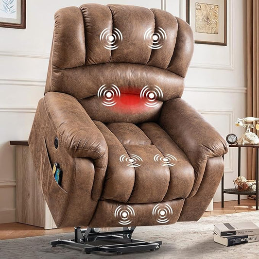 Large Electric Power Lift Chairs Recliners for Elderly Big Man with Massage and Heat Oversized Wide Reclining Chairs for Living Room with 2 Remote Controls/USB Ports/Side Pockets(Brown)
