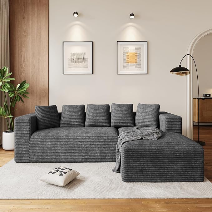 Oversized L Shaped Boneless Sectional Couches for Living Room 107 Comfy Fluffy Cloud Modular Sectional Sofa Plush Corduroy Memory Foam Floor Sofa with Right Facing Chaise Couch