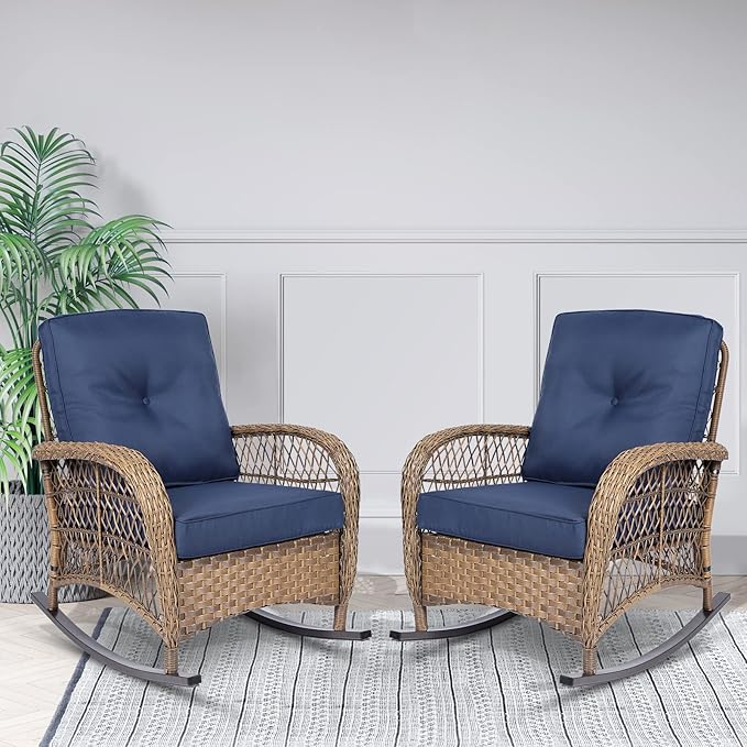 VIVIJASON 2 Piece Patio Wicker Rattan Rocker Chair Outdoor Rattan Rocker Chair with Cushions &amp Steel Frame All-Weather Rocking Lawn Wicker Furniture for Garden Backyard Porch (Navy Blue)
