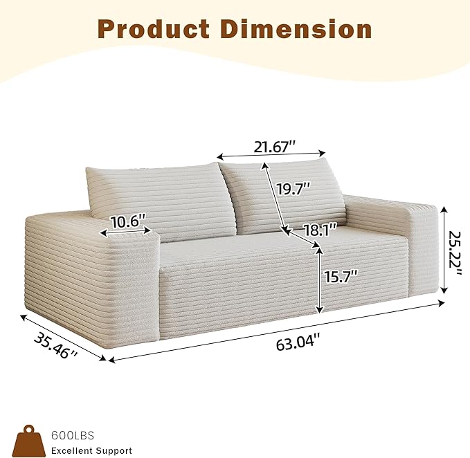 63 W Corduroy Boneless Couch 2-Seater Compression Sofa with Deep Seat No Assembly Required Comfy Loveseat Sofa with 2 Pillows Sofa Couches for Living Room/Apartment (White 63 inch) | Breathable