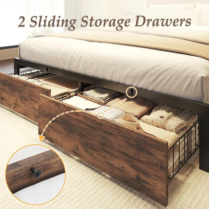 Lifezone Full Bed Frame with 2-Tier Storage Headboard Metal Bed Frame with Storage Drawers &amp Built-in Charging Station &amp LED Noise-Free No Box Spring Needed Easy Assembly Retro Brown