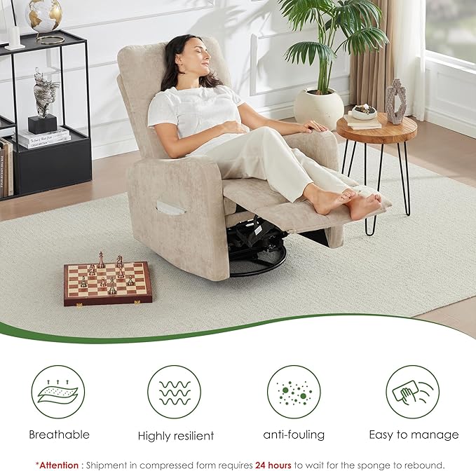 Oversized Swivel Rocking Chair Ergonomic Recliner Chair with Phone Holder Lazy Boy Fabric Sofa Chair with Lumbar Support Manual Glider Chair for Living Room RV Beige