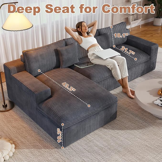 108 Cloud Modular Sectional Couch with Deep Seat L-Shape Boneless Sofa with Oversized Chaise Comfy Fluffy Couches for Living Room Convertible Layered Cushions Plush Corduroy Dark Grey