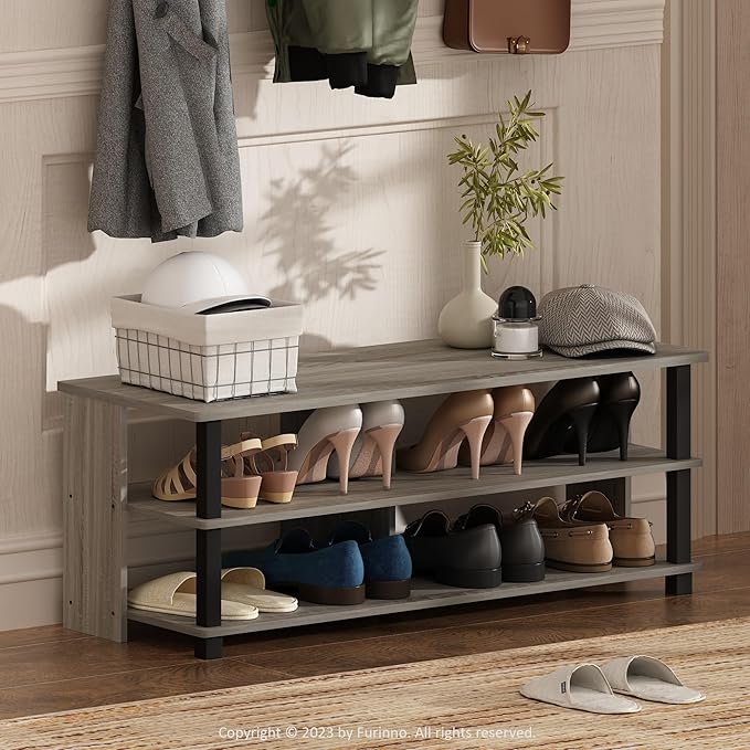 Furinno Sully 3-Tier Stand for TV Up to 48 Inch French Oak Grey/Black