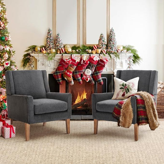 COLAMY Modern Wingback Living Room Chair Set of 2 Upholstered Fabric Accent Armchair Single Sofa Chair with Lounge Seat and Wood Legs for Bedroom/Office/Reading Spaces Gery