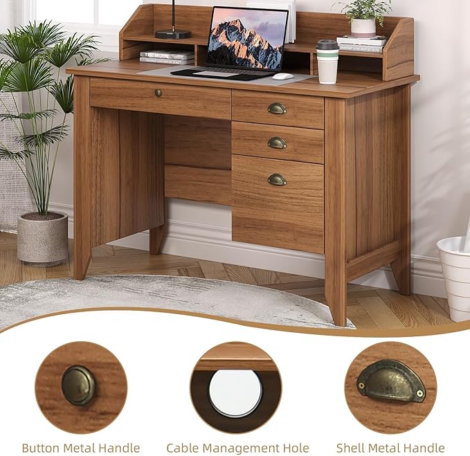 4 EVER WINNER Wooden Desk with Drawers Small Desk with Monitor Stand and File Drawe Writing Desk with Drawers for Bedroom Small Spaces Walnut