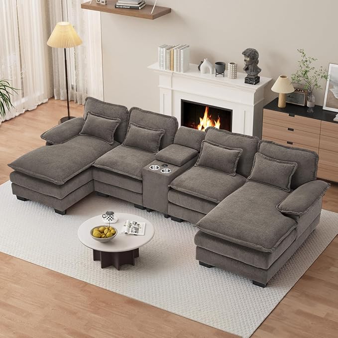 OUYESSIR U Shaped Cloud Sectional Couch 124 Fluffy Modular Sofa Set with Double Chaise Lounge Central Console &amp USB Port Comfy Chenille Big Sectional Couches for Living Room Stone Grey