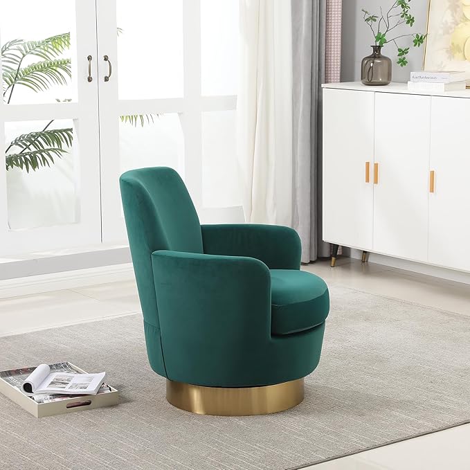 360° Swivel Barrel Accent Chair Comfy Round Accent Chairs with Gold Iron Base &amp Dual-Layer Cushion Modern Lounge Reading Armchair Upholstered Sofa Chair for Living Room Bedroom(Velvet Emerald