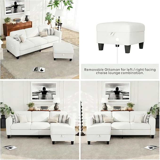 Sectional Sofa Couches for Living Room - 3-Seat White L-Shaped Modern Sofa Couch with Reversible Storage Ottoman &amp Storage Pockets for Living Room Apartment Studio or Small Space | small couch