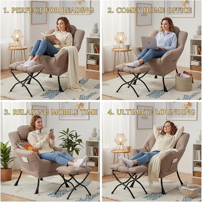 Tiita Lazy Chair with Ottoman Khaki Modern Large Accent Chair Comfy Leisure Sofa Armchair with Ottoman Reading Chair with Footrest for Bedroom Living Room Dorm Rooms Khaki