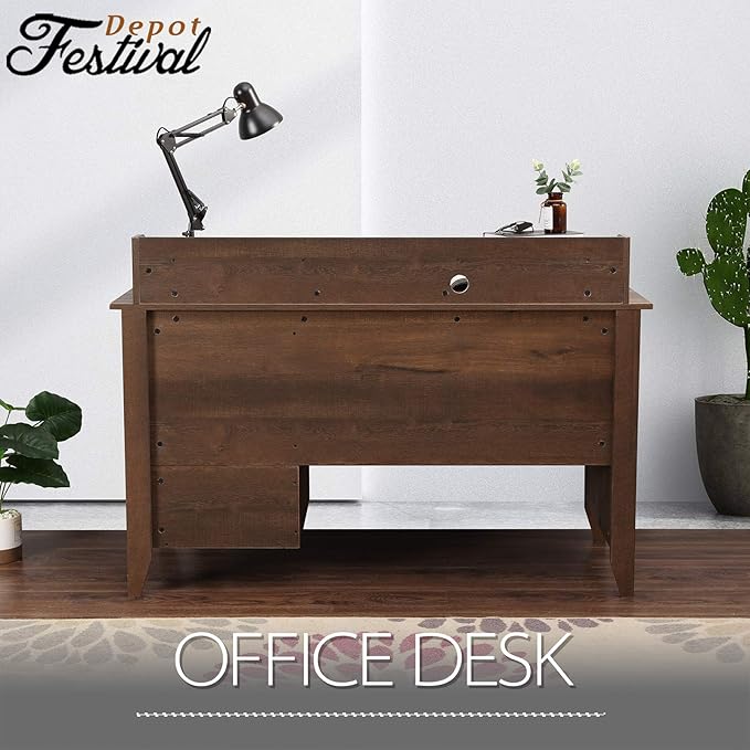 Festival Depot 53 Home Office Desk Writing Computer Desk Vintage Wood Style Laptop Table with Hutch and Sliding Track Drawers for Study Bedroom Workstation