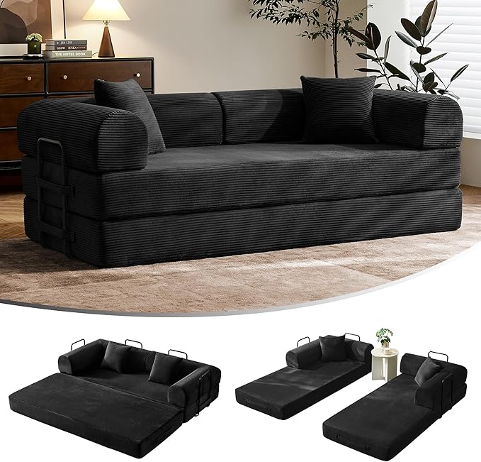 79 Convertible Sofa Bed with Fixed-Shape Frame &amp Removable Armrests Modular Corduroy Sleeper Sofa Folding Mattress Couch for Small Spaces - No Assembly Needed in Black (Includes 2 Pillows)