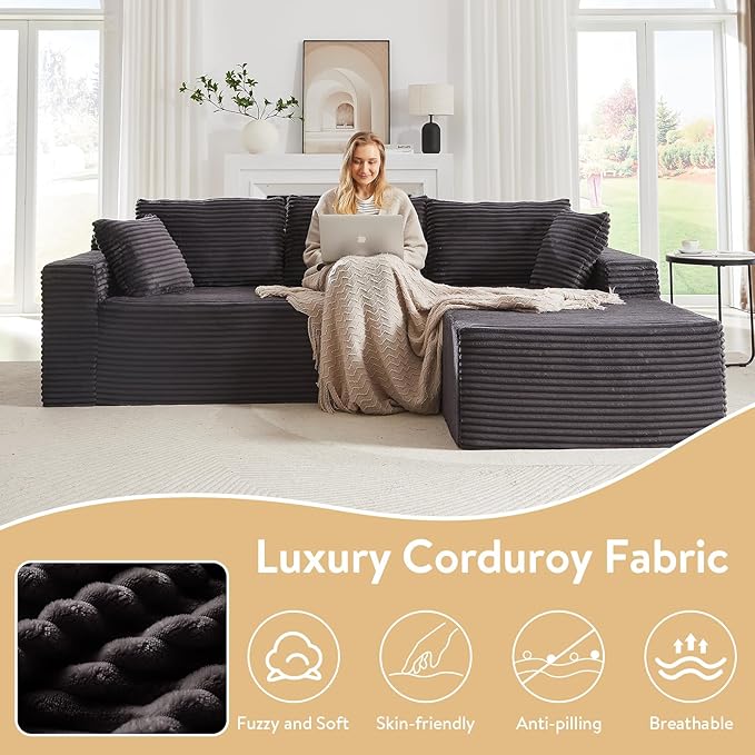 Cloud Sectional Couch with L-Shape Chaise 105 Modern Minimalist Modular Sectional Sofa Fluffy Corduroy Upholstered Couches for Living Room No Assembly Required (Dark Grey)