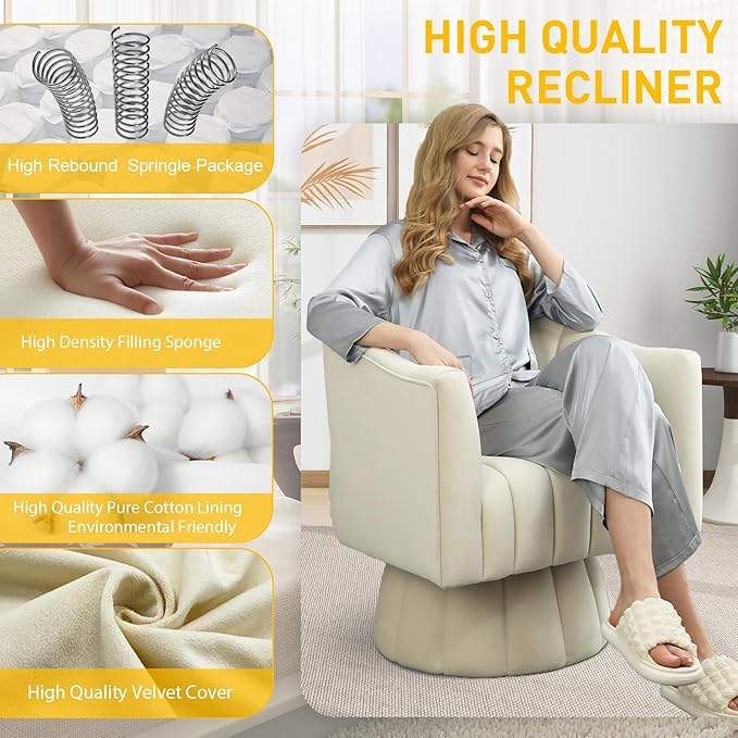 Accent Chair Mid Century 360 Degree Swivel ChairModern Lounge Sofa Round Barrel Chair with Wide UpholsteredFluffy Velvet Fabric Chairs for Home Sofa Living Room/Bedroom/Waiting Room (Beige)