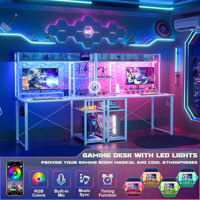 Cyclysio Gaming Desk with Hutch 39'' Computer Desk with LED Lights &amp Power Outlets Home Office Desk with Reversible 5 Tiers Storage Shelves &amp Monitor Stand Small Gaming Table for Small Spac