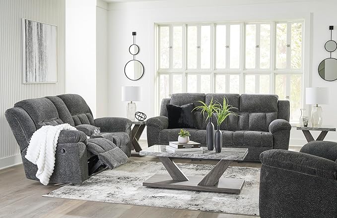 Signature Design by Ashley Frohn Contemporary Manual Reclining Loveseat with Console with Console Storage and Cup Holders Gray
