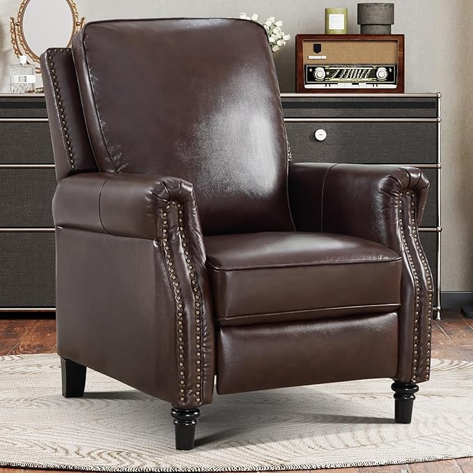 CANMOV Push Back Recliner Chair Genuine Leather Pushback Reclining Chair with Padded Seat Wingback Recliner with Rivet Decoration Single Sofa Recliner for Living Room Apartment Dark Brown