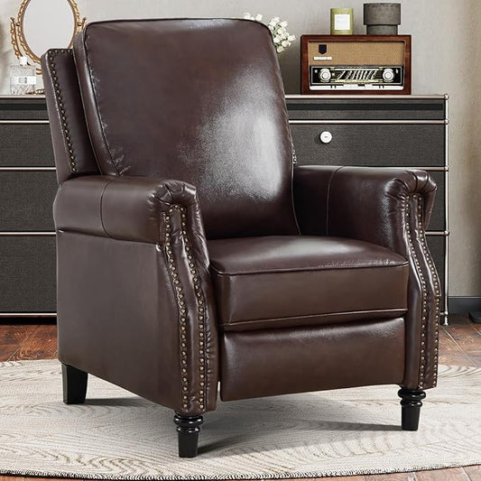 CANMOV Push Back Recliner Chair Genuine Leather Pushback Reclining Chair with Padded Seat Wingback Recliner with Rivet Decoration Single Sofa Recliner for Living Room Apartment Dark Brown