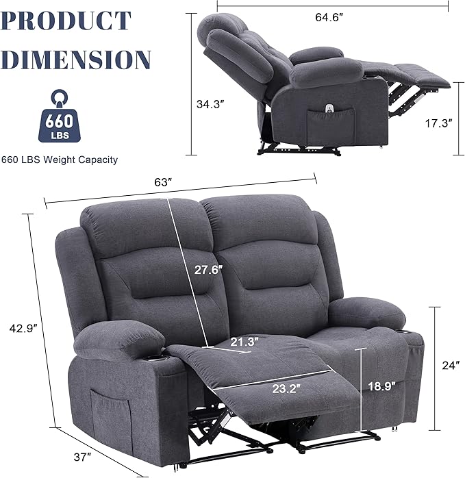 Oversized Recliner Sofa with Heat and Massage Big Large 2-Seater RV Recliner Couch Sofa for Living Room Wall-Hugger Reclining Sofa with Cup Holders and USB Port(Fabric Grey)