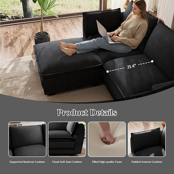 Cloud Couch Sectional Sofa 145.5 Comfy U Shape Sectional Couches for Living Room Modern Chenille Cloud Sofa Deep Seat Modular Couch with Ottoman Storage Console USB Port Cup HolderBlack