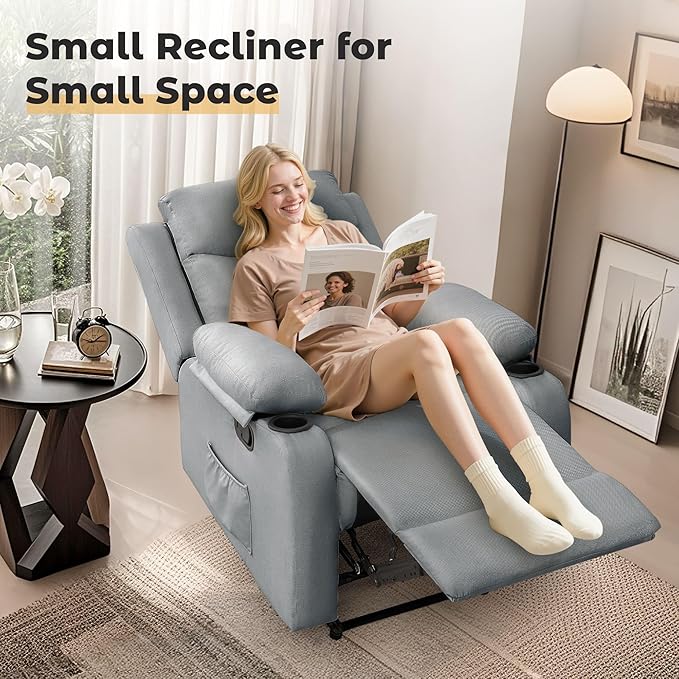 Recliner Chair Small Recliners for Small Spaces Reclining Chair Manual Recliner with Cup Holders and Side Pockets Chairs for Living Room Bedroom Nursery