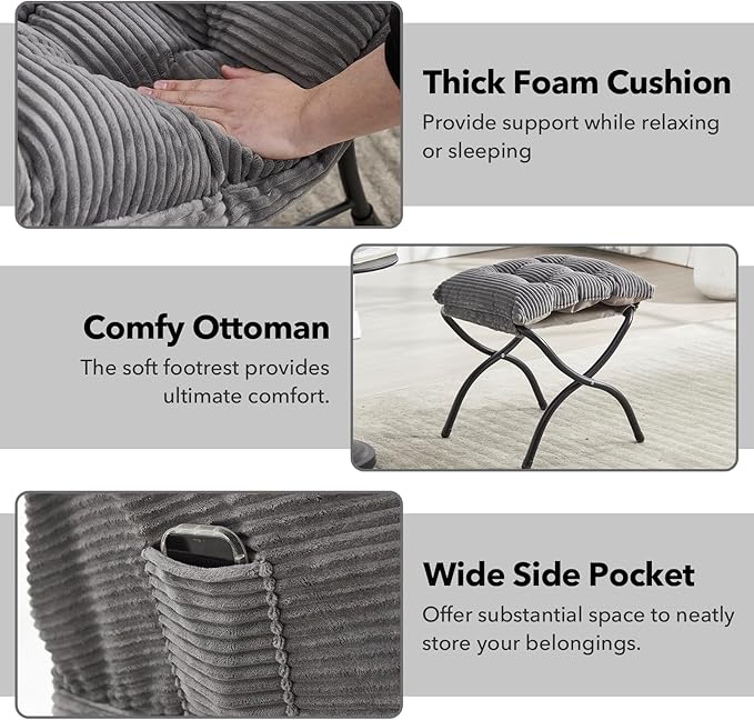 NIOIIKIT Leisure Lazy Chair with Ottoman Corduroy Upholstered Lounge Armchair with Side Pocket Comfy Reading Chair Lazy Sofa Chair for Living Room Bedroom Office (Grey)