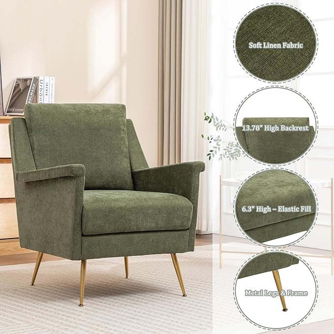 Accent Chair Mid Century Modern Living Room Chairs with Gold Metal Legs Green Wingback Arm Chairs for Bedroom Fabric